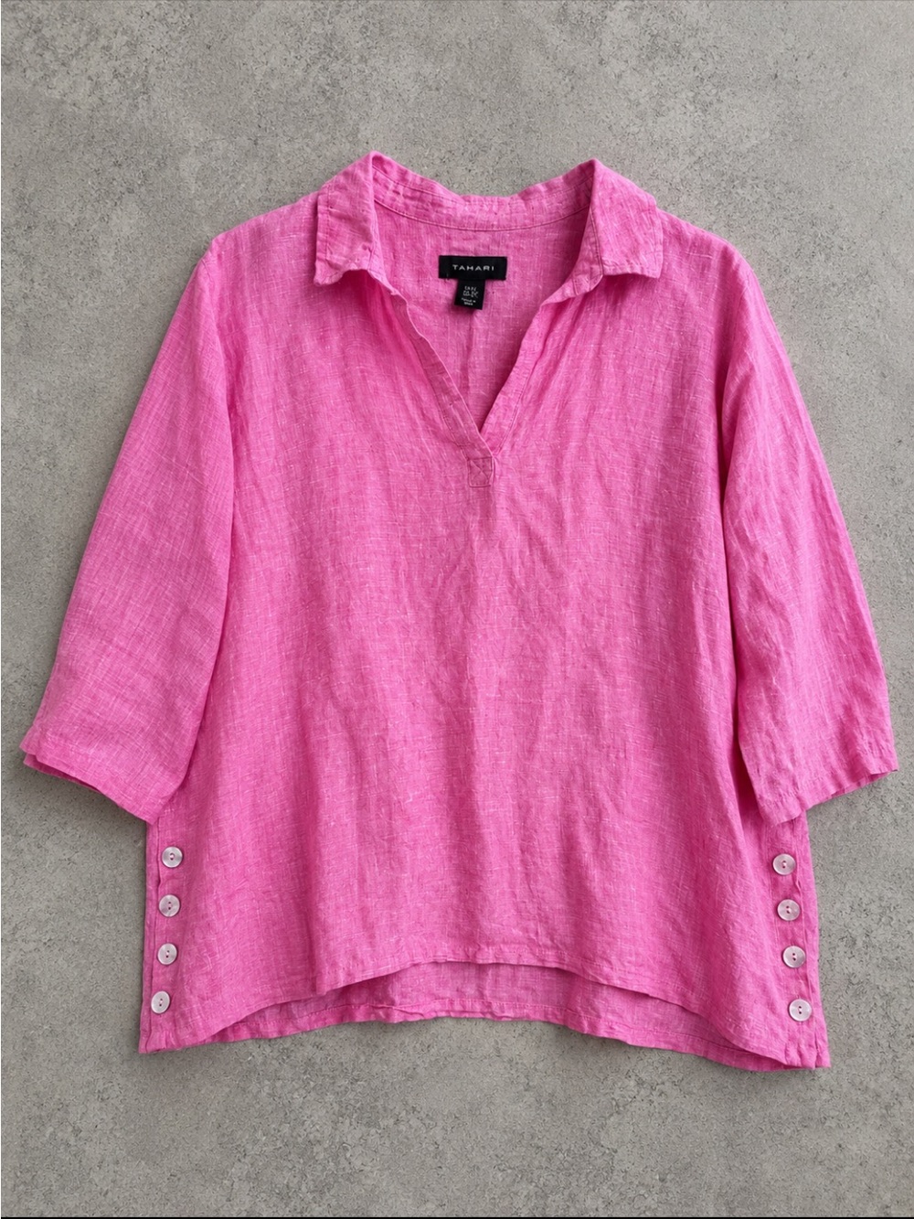 TAHARI 100% Linen Popover Top Womens 2X Pink 3/4 Sleeve Side Buttons Lagenlook